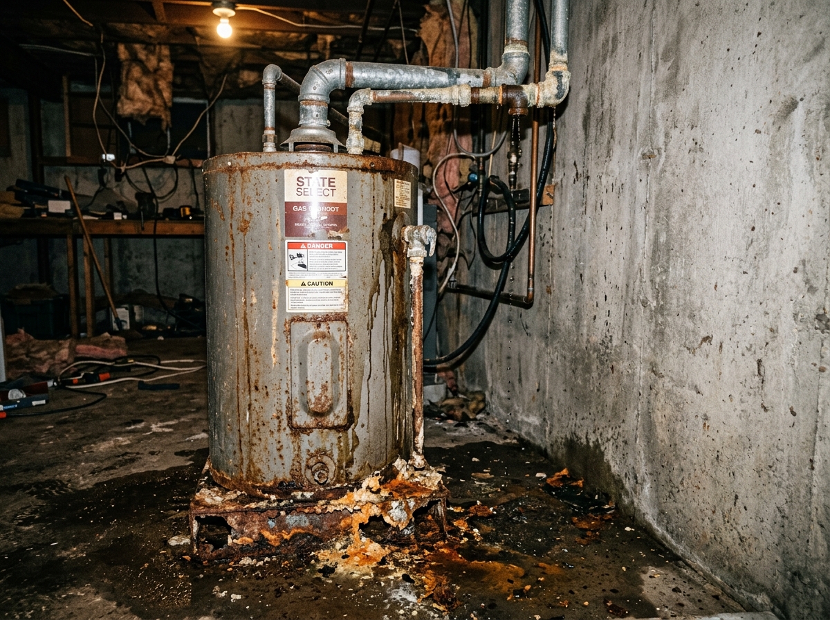 Old corroded leaking water heater in basement before replacement
