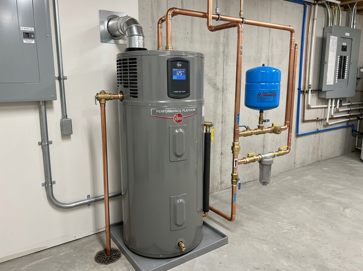 New hybrid heat pump water heater with clean copper piping and expansion tank